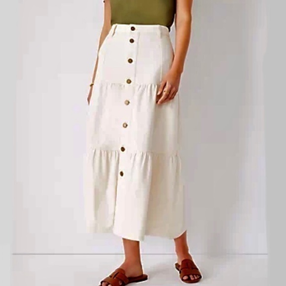 Ann Taylor Dresses & Skirts - SALE NWOT ANN TAYLOR Petite Denim Button Front Tiered Midi Skirt In Ecru Sz 00P
